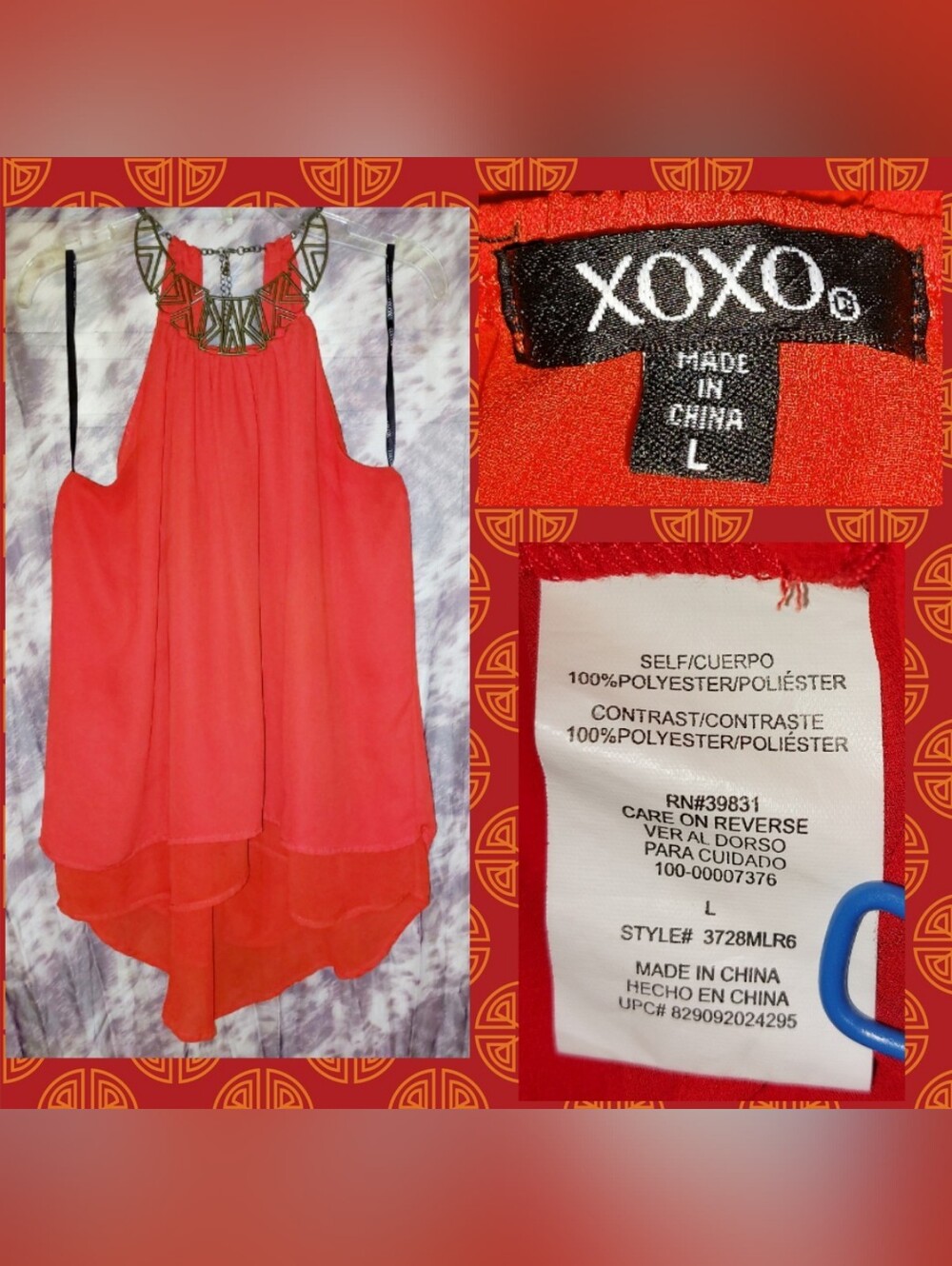 XOXO brand Coral Red Soft Woven Chiffon Tank Top w/Built-In Necklace Sz XL